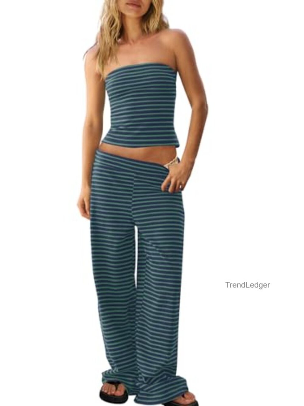 Women's Striped Lounge Set Strapless Tube Top Wide Leg Pants 2 Piece